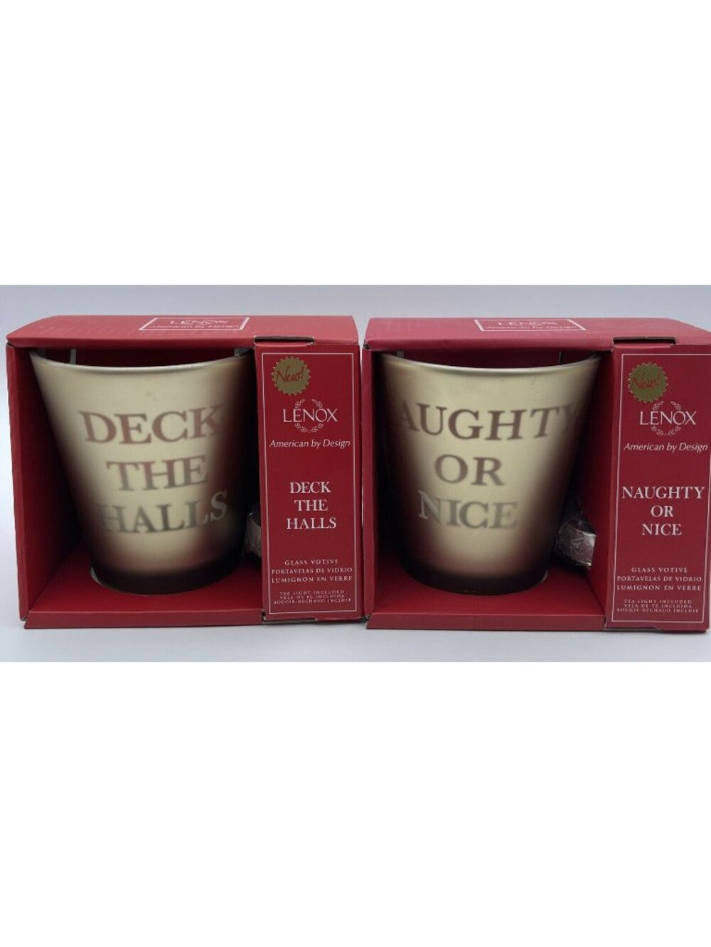 2 Lenox Golden Holidays Collector Votives ‘Deck the Halls’&’Naughty or Nice’ NWT